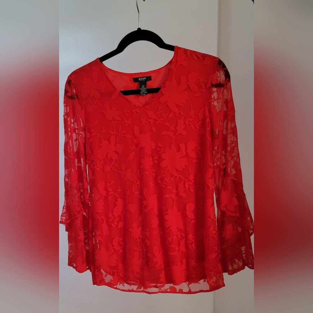 ALFANI Double Bell Sleeve V Neck Shear lined Top Size PM